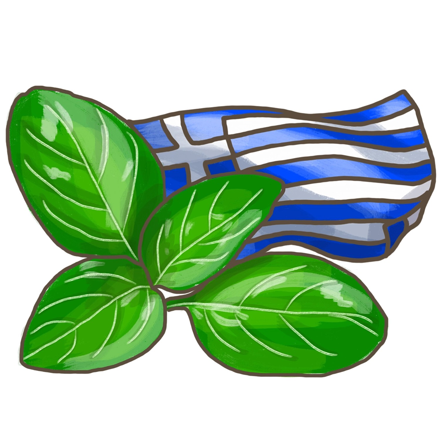 Illustration von Griechischem Basilikum mit griechischer Flagge im Hintergrund.