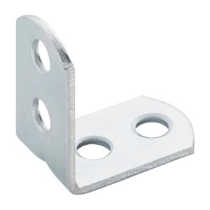 Verzinkter L-Winkelverbinder aus Stahl, abgerundet, mit gesenkten Schraublöchern für Möbelbau und Regalböden.
