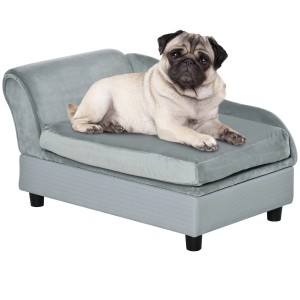 Graues PawHut Hundesofa mit Stauraum und Mops, 76x45x43cm.