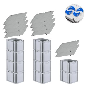 PROREGAL Spar Set: 10 Euroboxen mit Deckel und Schnappverschlüssen, 30L, blau, gestapelt.