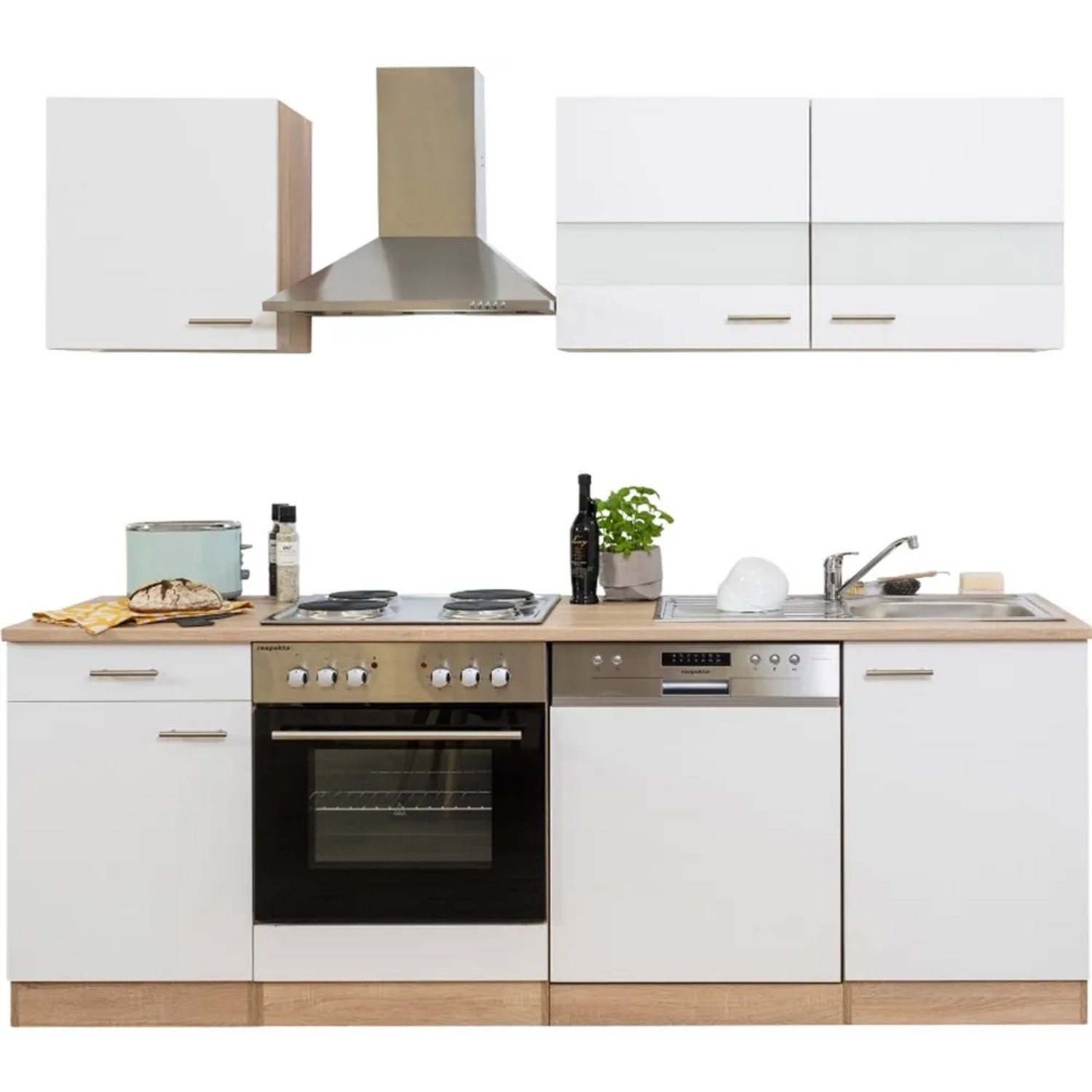 Respekta Küchenzeile KB220ESW, 220 cm, Weiß/Eiche Sägerau Nachbildung, mit E-Geräten.