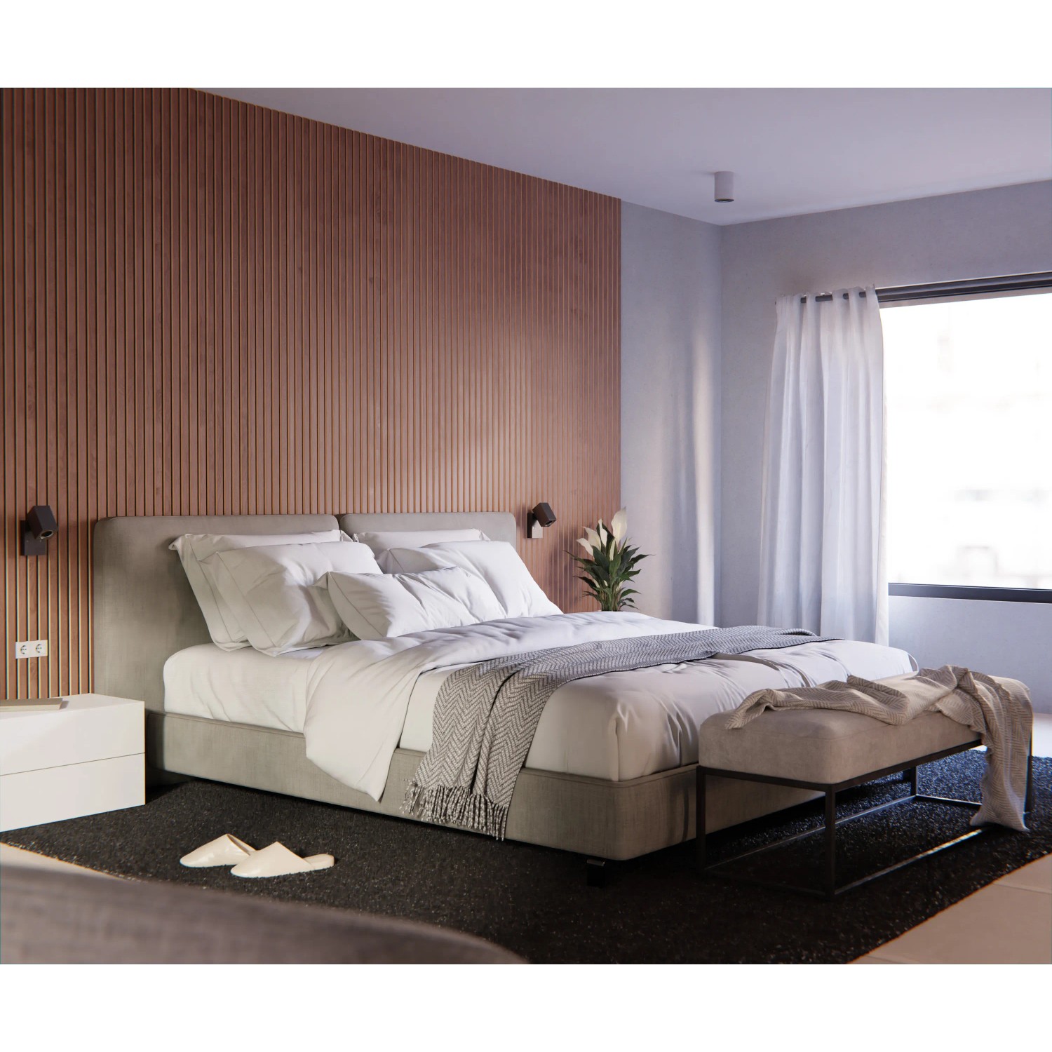 Schlafzimmer mit Akustikpaneel Walnuss, MDF mit schwarzem Filz, 60x270cm, FSC®-zertifiziert.