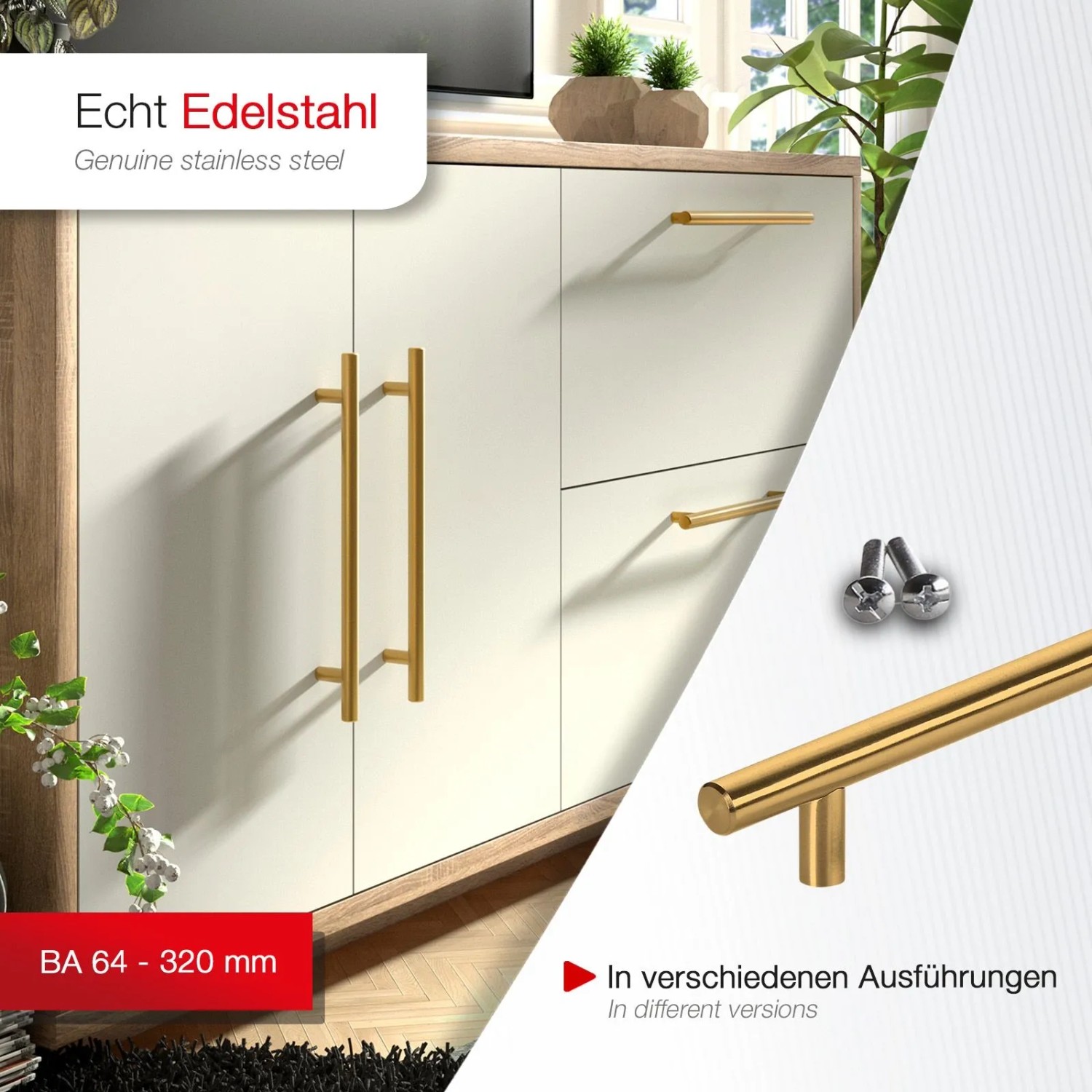 Goldfarbener SOTECH Stangengriff G17 (BA 96 mm) aus Edelstahl an einem weißen Möbelstück.