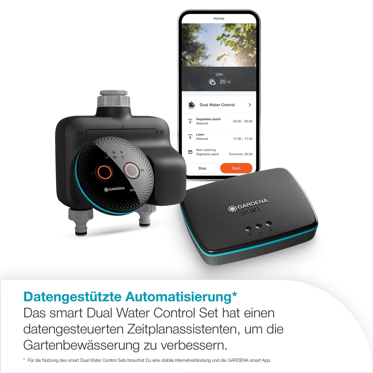 Gardena Smart Dual Water Control mit Gateway zur Steuerung der Gartenbewässerung per App.