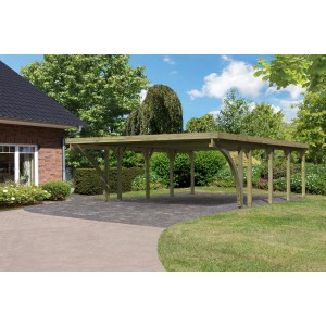 Karibu Doppelcarport Classic aus Holz mit PVC Dachplatten und stabilen Pfosten im Garten.