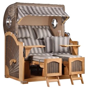 GarWoh Strandkorb Rantum Teak, grau gestreift, mit Bullauge und Teakholzrahmen.