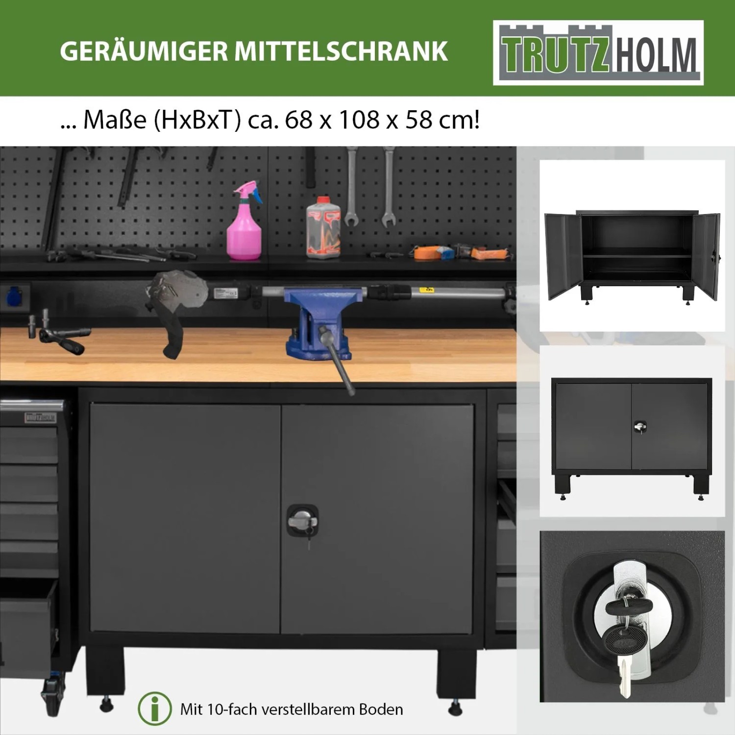 TRUTZHOLM Werkstattwand Profiline XXL mit Mittelschrank, abschließbar und verstellbarem Boden.