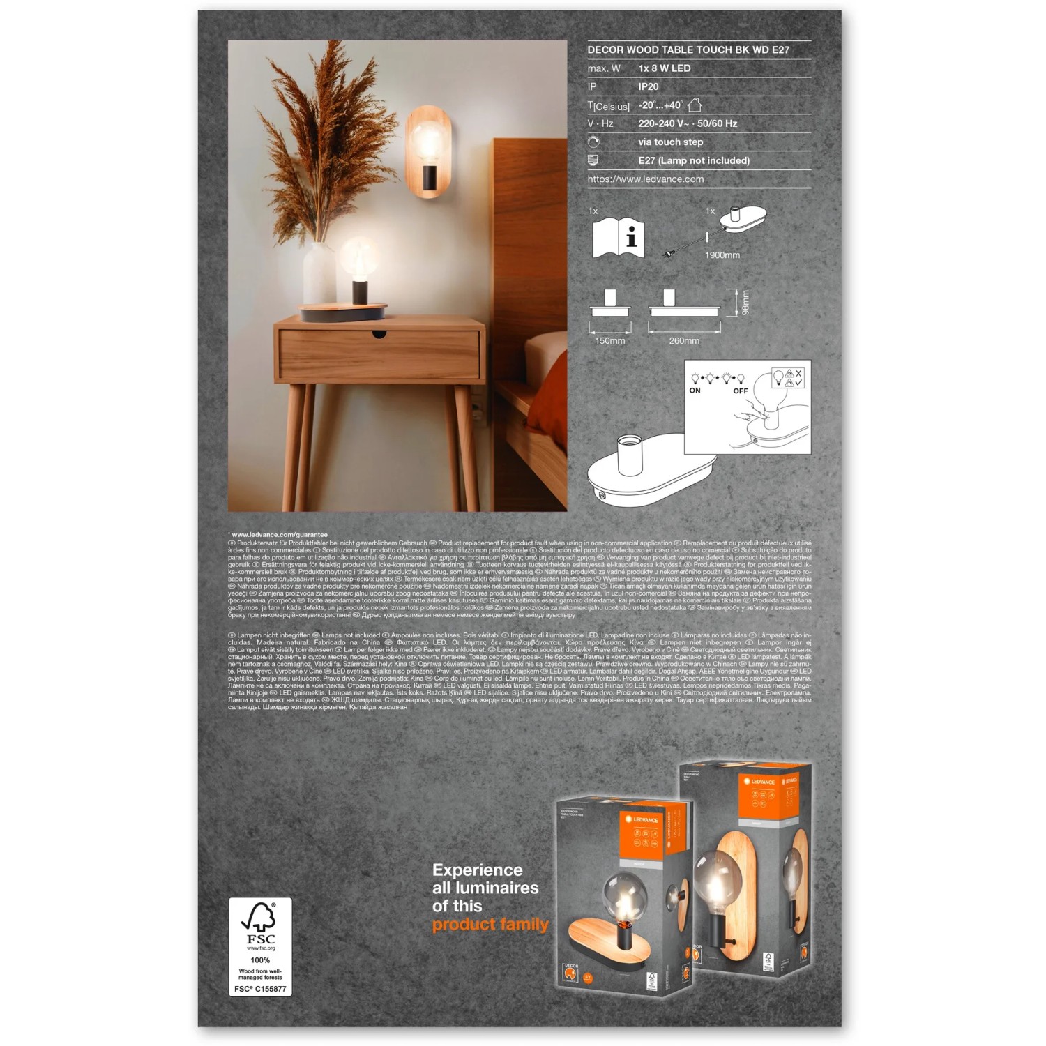 Ledvance Tischleuchte Decor Holz, braun-schwarz, auf Nachttisch mit Deko.