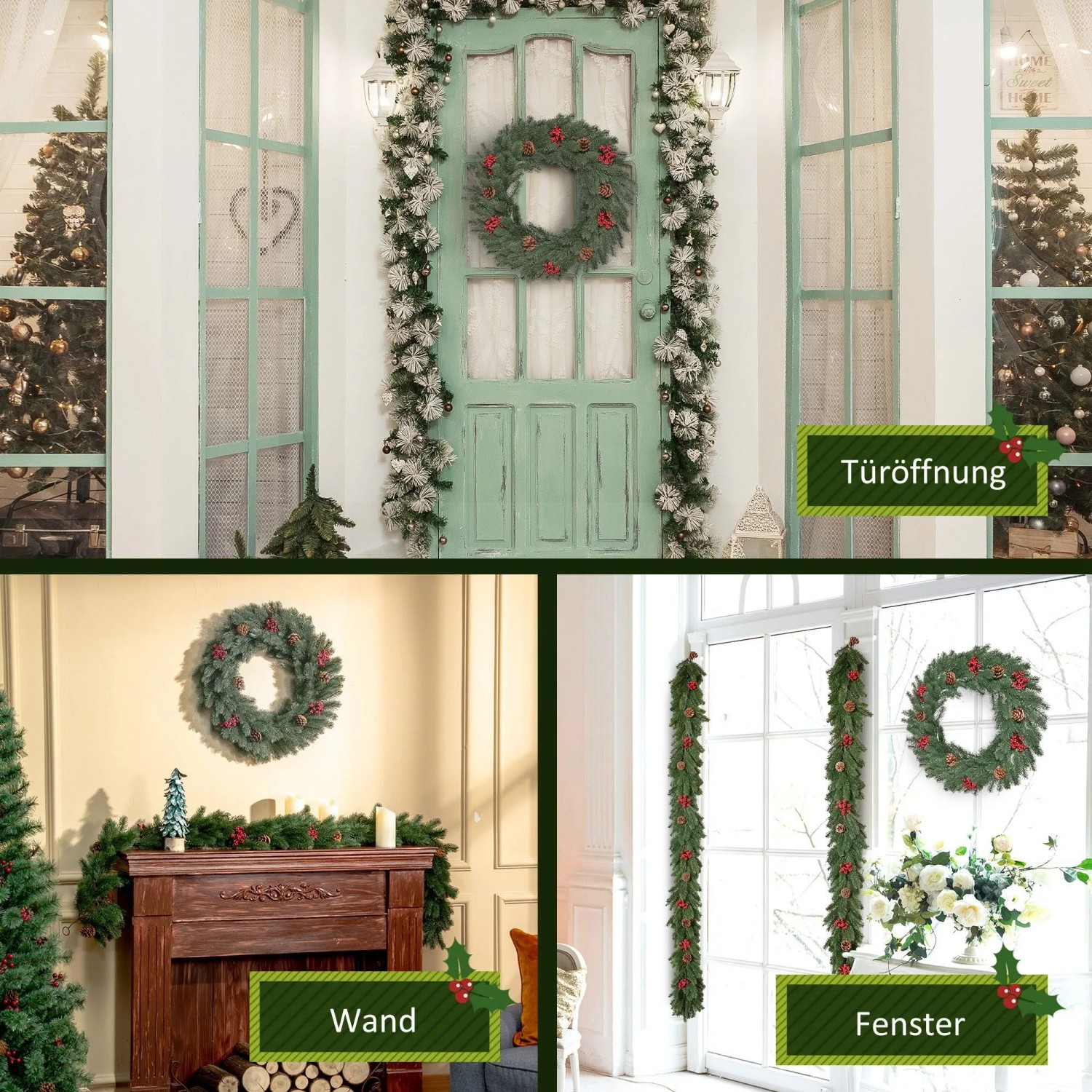HOMCOM Tannenkranz, grün, mit roten Beeren und Tannenzapfen, als Weihnachtsdekoration an Tür, Wand und Fenster.