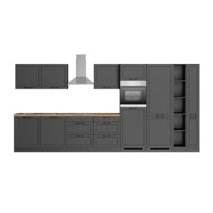 Moderne graue Küchenzeile Kempten 420 cm mit E-Geräten und Holz-Arbeitsplatte.