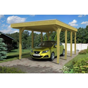 Skan Holz Einzelcarport Friesland mit Flachdach und gelbem Auto. Holzkonstruktion mit Aluminiumplatten.