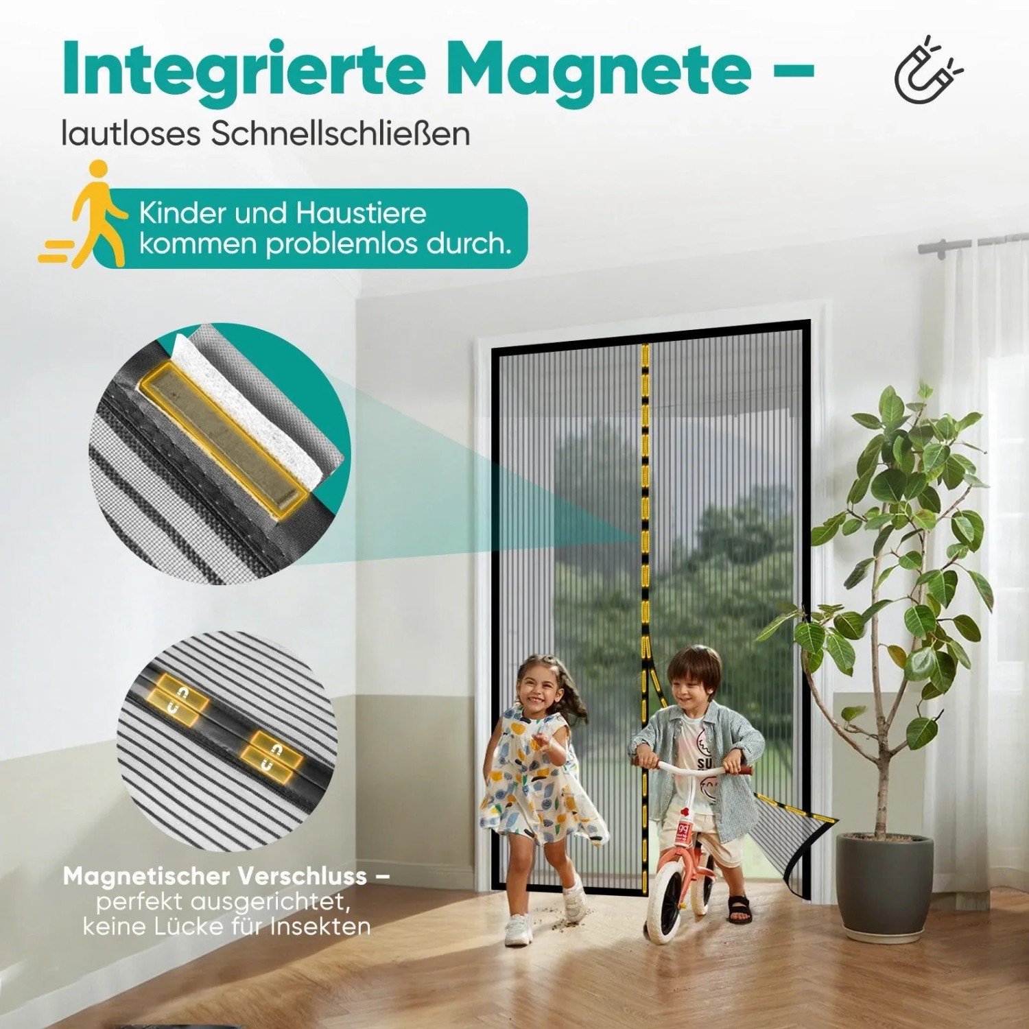 Schwarzer magnetischer Insektenschutz-Türvorhang für Balkontür, Kinder und Haustiere passieren leicht. Fliegengitter mit Magnetverschluss.