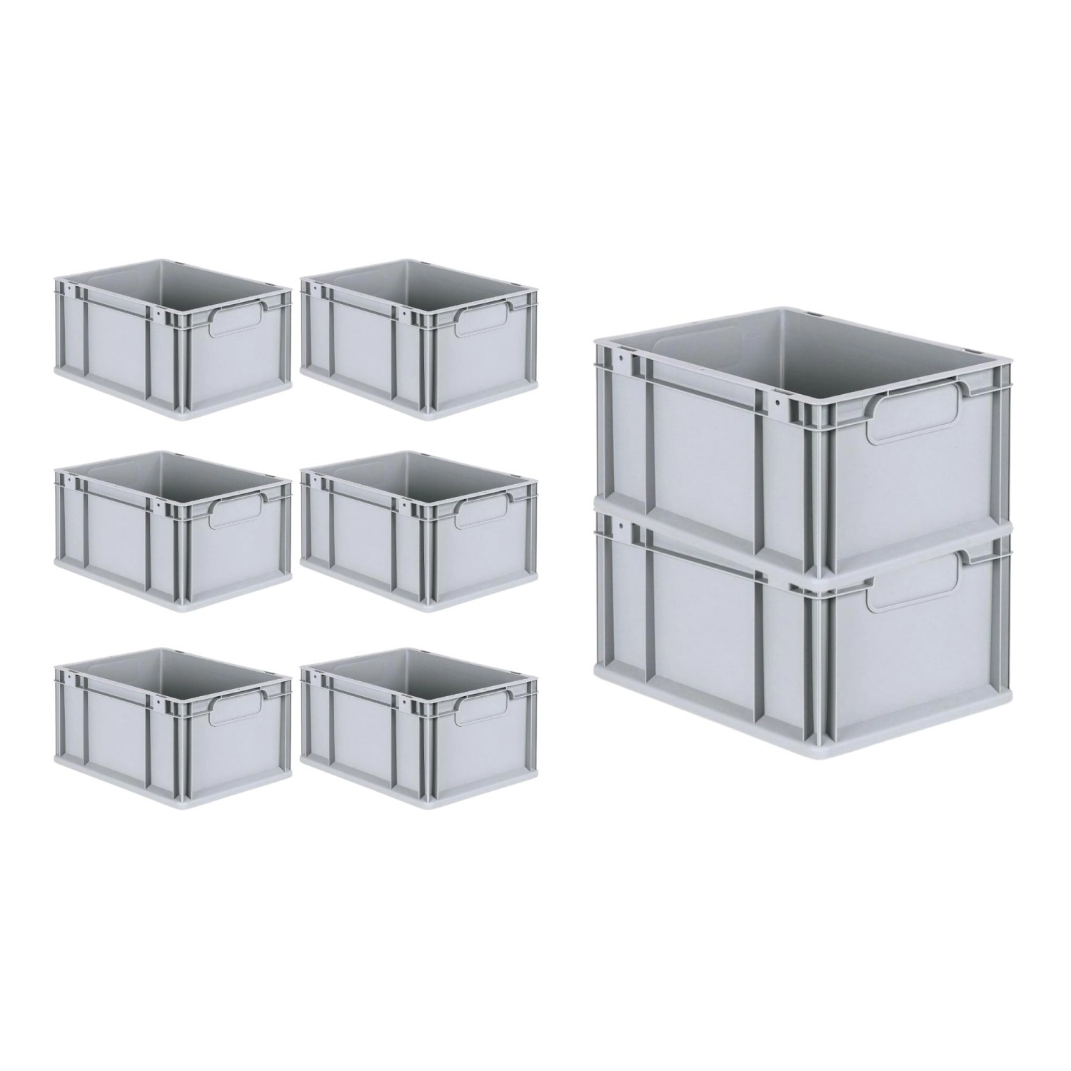 PROREGAL Spar Set: 8 graue Euroboxen Nextgen Economy mit Deckel und Schnappverschlüssen.