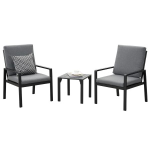 Schwarzes MeXo Balkonmöbel Set aus Aluminium mit zwei Sesseln und kleinem Tisch.