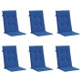 Sechs königsblaue Hochlehner Gartenstuhlauflagen, gepolsterte Sitzkissen mit Bindebändern.