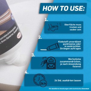 Anleitung zur Anwendung von Pattex Baukleber Montagekleber Power Tube: Oberfläche reinigen, Kleber auftragen, Werkstücke fixieren, 24h aushärten.
