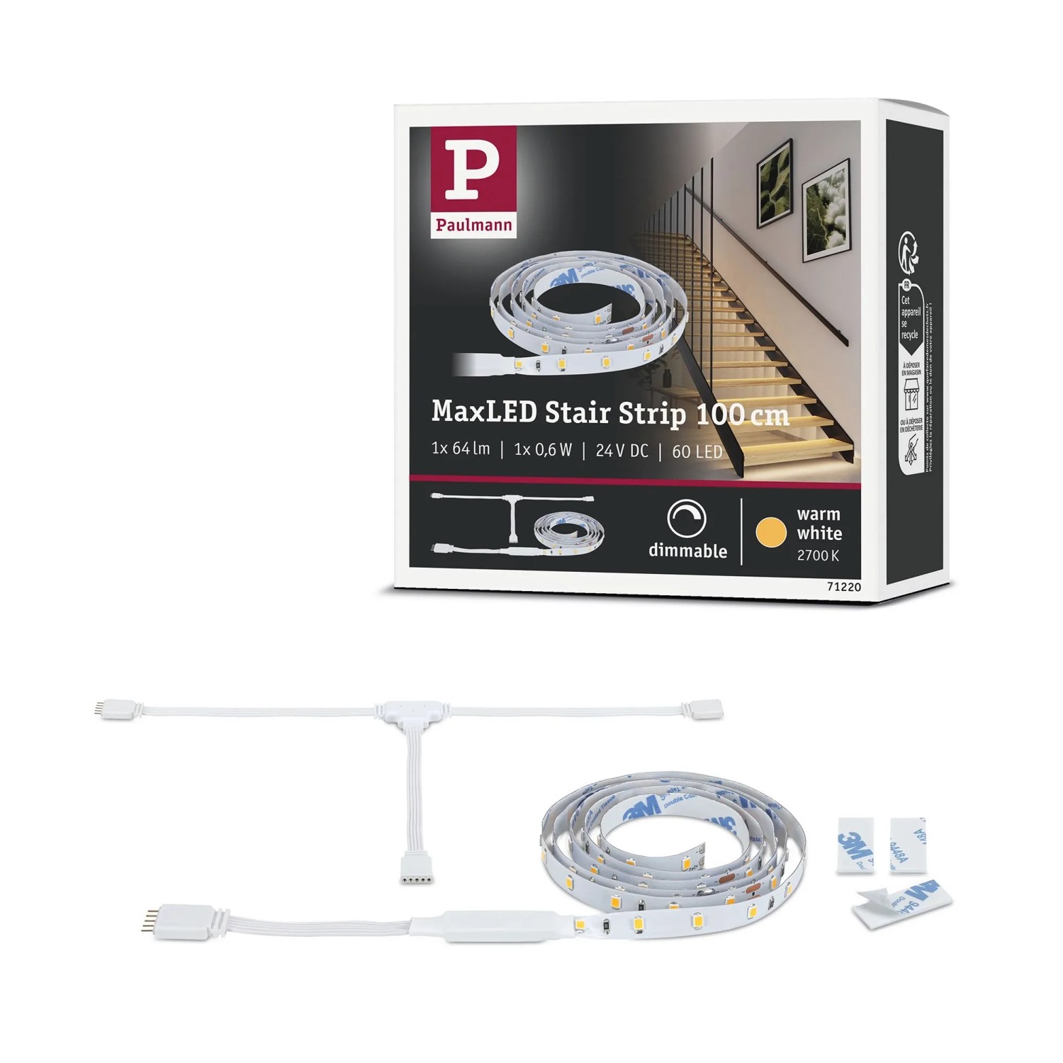 Paulmann MaxLED Stair LED-Strip-Erweiterung 100 cm mit Verteiler und Klebepads für Treppenbeleuchtung.