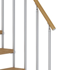 Detailansicht Dolle Mittelholmtreppe Dublin Eiche/Perlgrau mit Holzhandlauf und Metallgeländer.