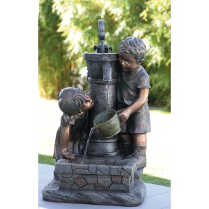 Silex Gartenbrunnen Fynn und Merle im Bronze-Look mit Pumpe, Kinderfiguren am Brunnen.