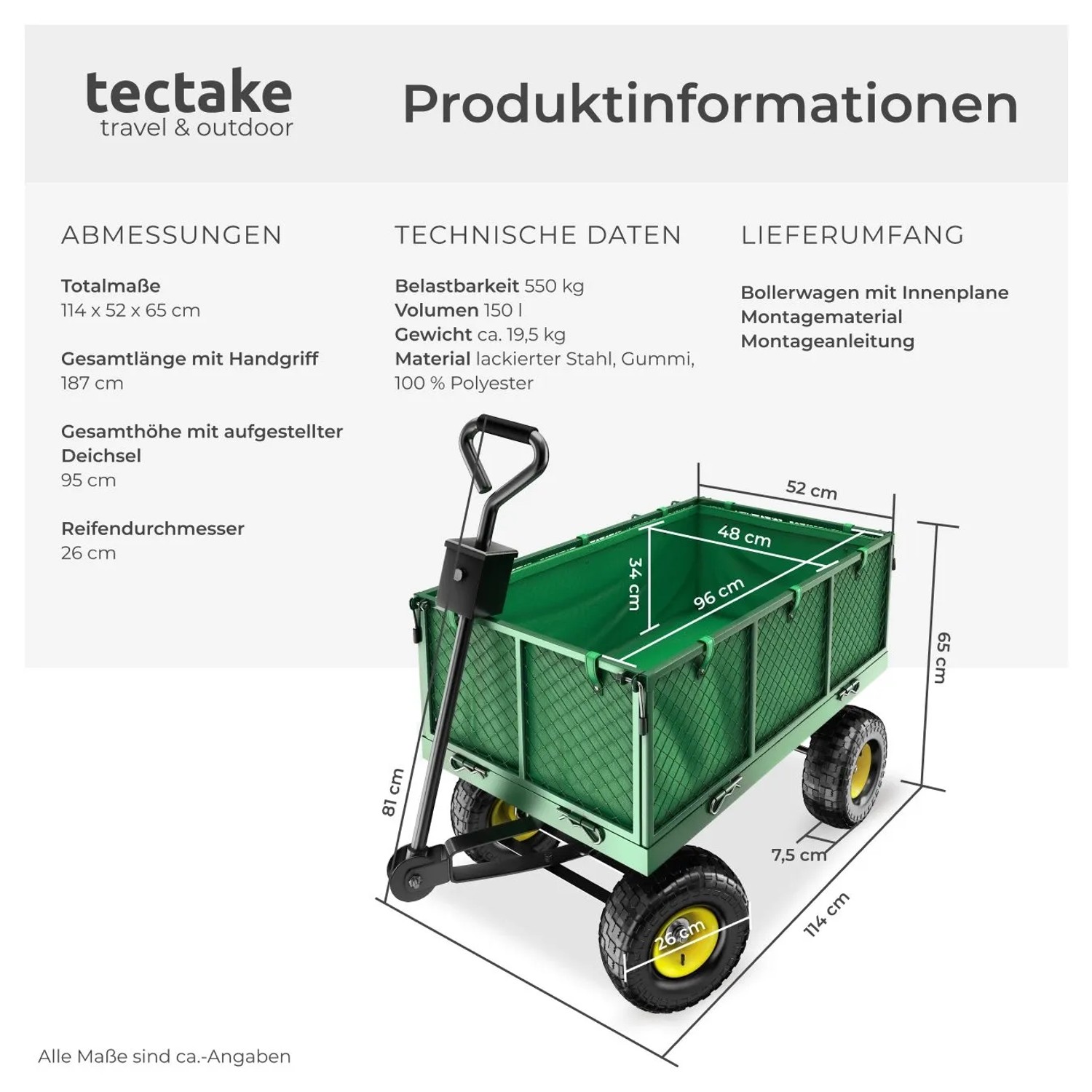 Grüner Tectake Bollerwagen mit klappbaren Seitenwänden und Luftreifen.