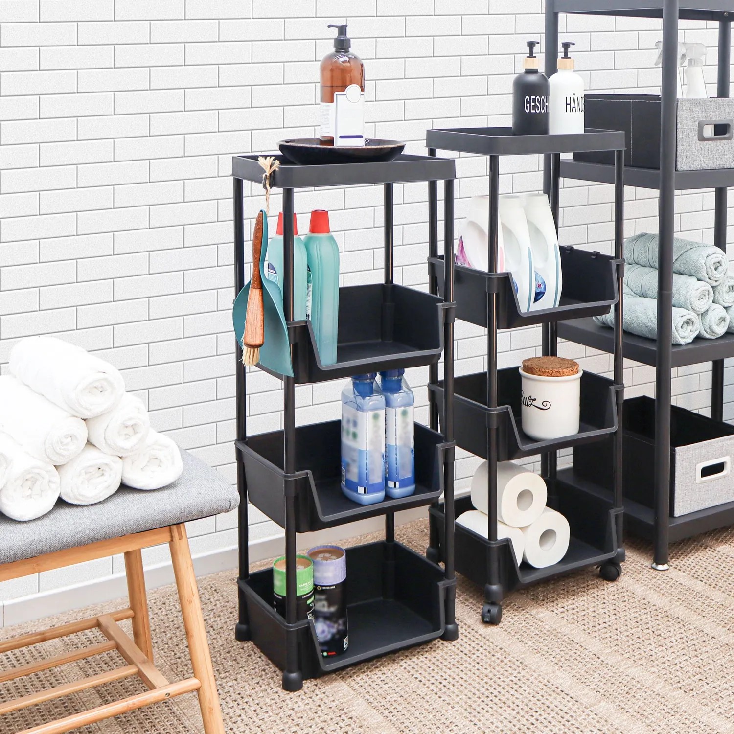 MAKLIK Küchenrollwagen 2er Set, schwarz, mit 4 Ebenen und Körben für Küche, Bad oder als Allzweckwagen.
