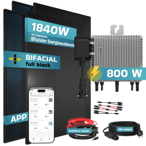 SUNNIVA Balkonkraftwerk: 4 schwarze bifaziale Solarmodule (1840W), 800W Wechselrichter, Kabel & App-Ansicht.