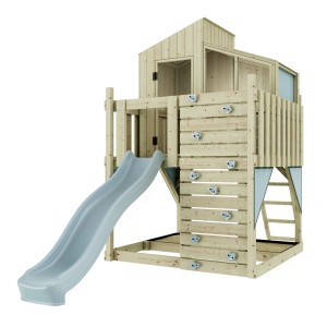 OutdoorToys Stelzenhaus Komet Eisblau mit Rutsche und Kletterwand aus Holz.