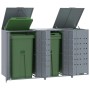 Graue vidaXL Mülltonnenbox für 3 Tonnen, Stahl, mit geöffneten Deckeln und grünen Mülltonnen.