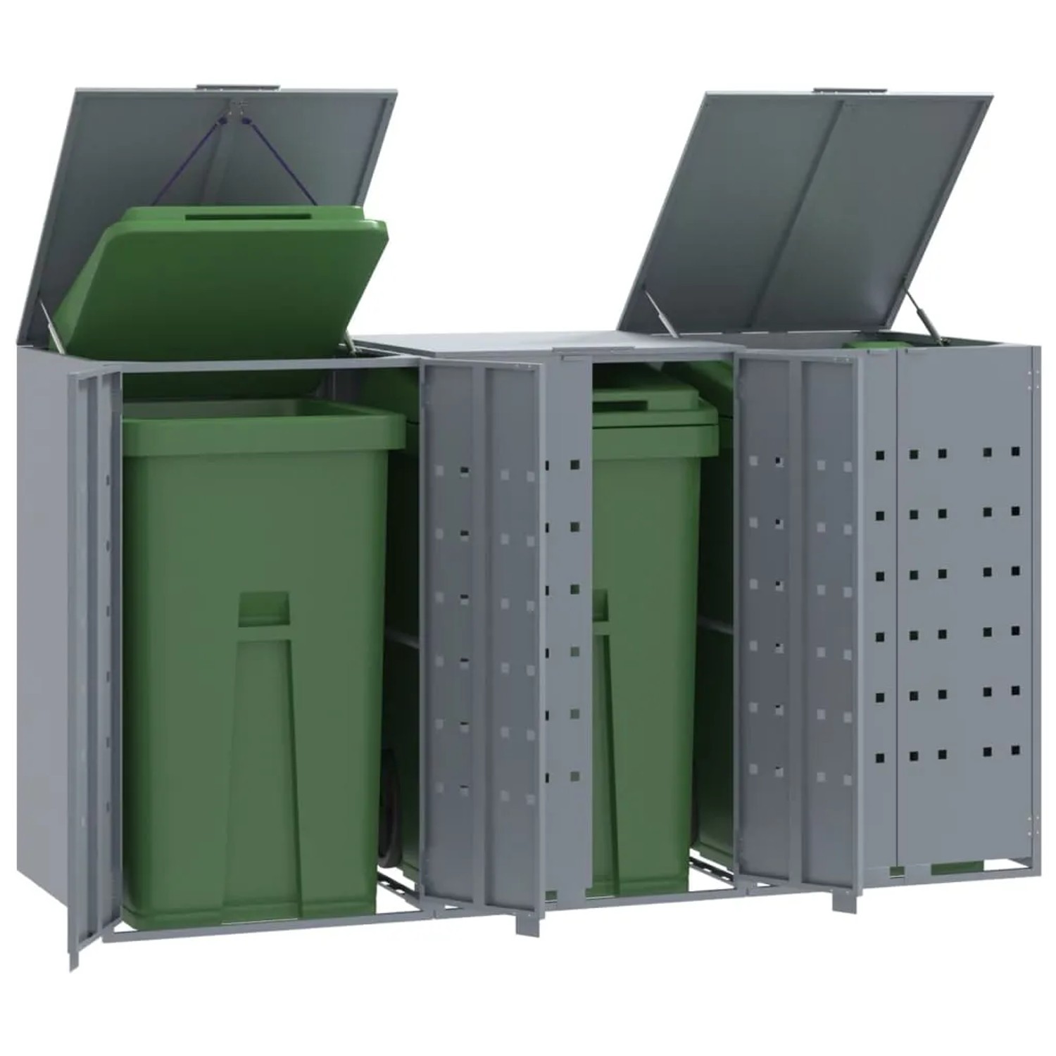 Graue vidaXL Mülltonnenbox für 3 Tonnen, Stahl, mit geöffneten Deckeln und grünen Mülltonnen.