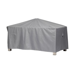 Graue Schutzhülle für einen rechteckigen Gartentisch (175x105x71 cm).