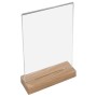 Klarer Acryl Tischaufsteller DIN A4 Hochformat mit stabilem Holzfuß für Menükarten und Informationen.