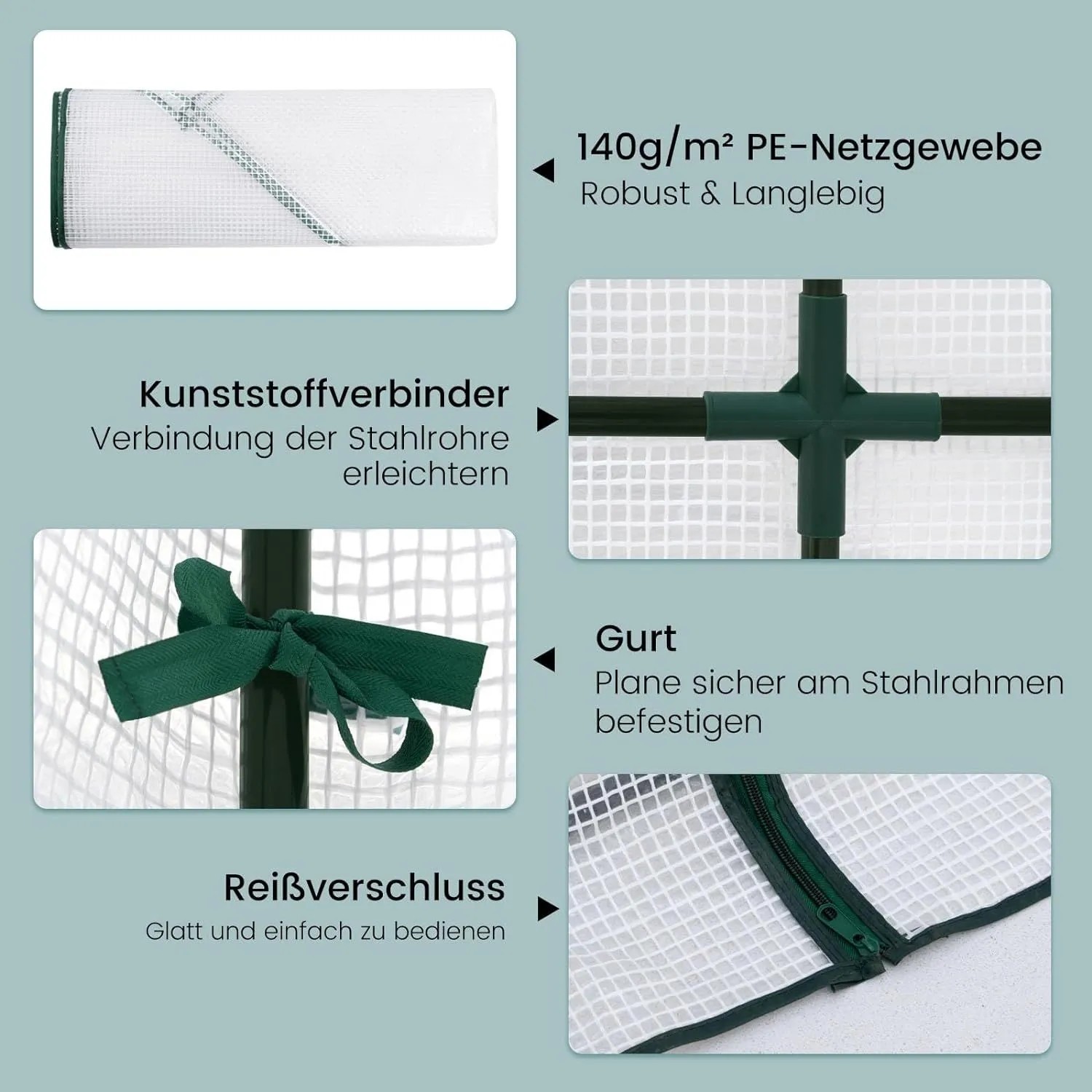 Details des weißen Anlehngewächshauses: PE-Plane, Verbinder, Gurt und Reißverschluss.