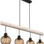 Globo Pendelleuchte Paulo, 4-flammig, schwarz matt mit Holz und amberfarbenen Glasschirmen.