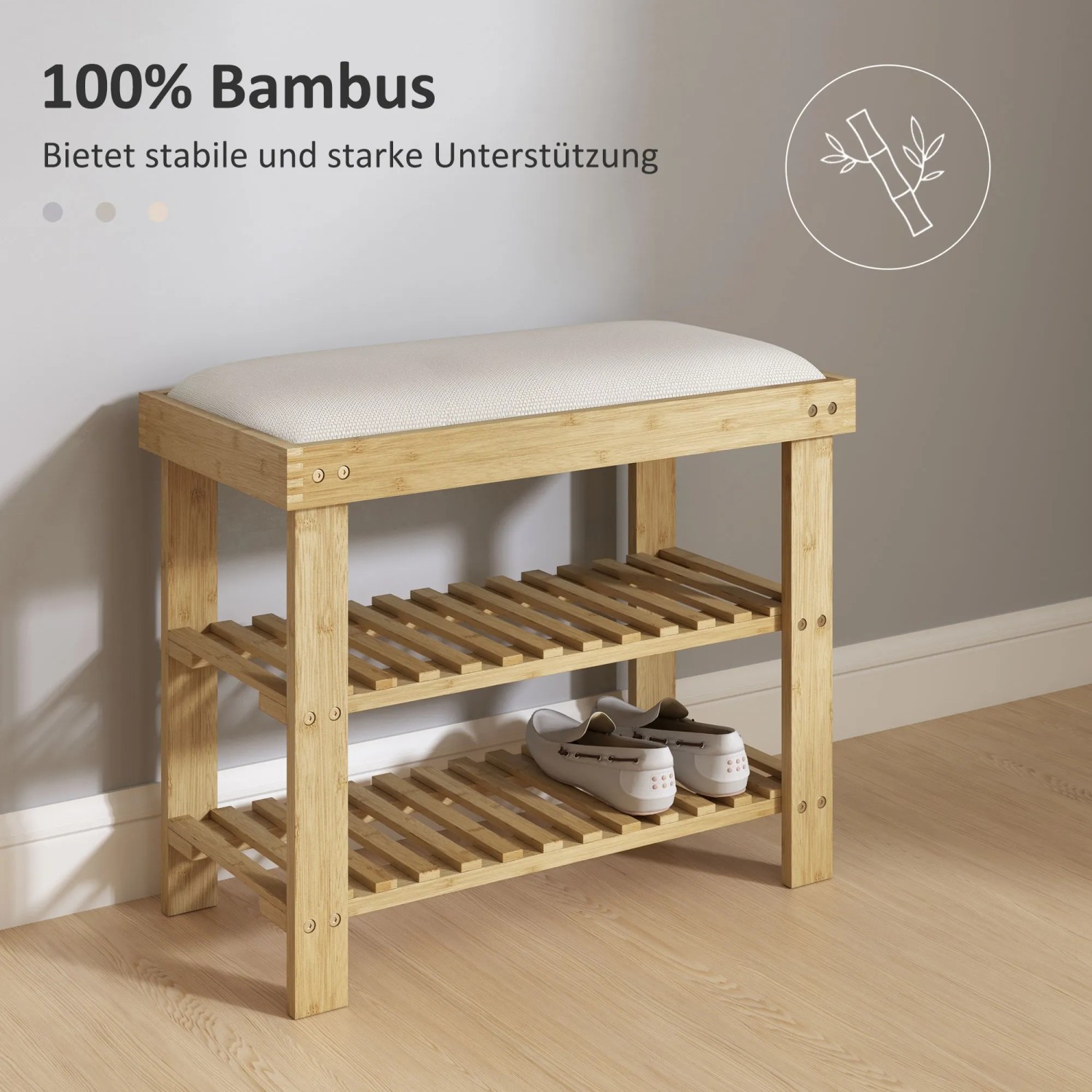 HOMCOM Schuhbank aus Bambus mit cremeweißer Sitzfläche und zwei Ablagen für Schuhe.