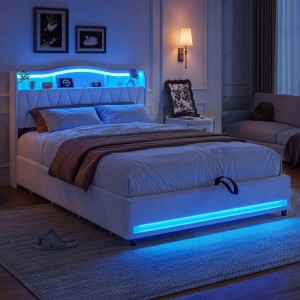 PXloue Polsterbett  140x200 Stauraumbett mit LED‑Beleuchtung USB und Stauraum