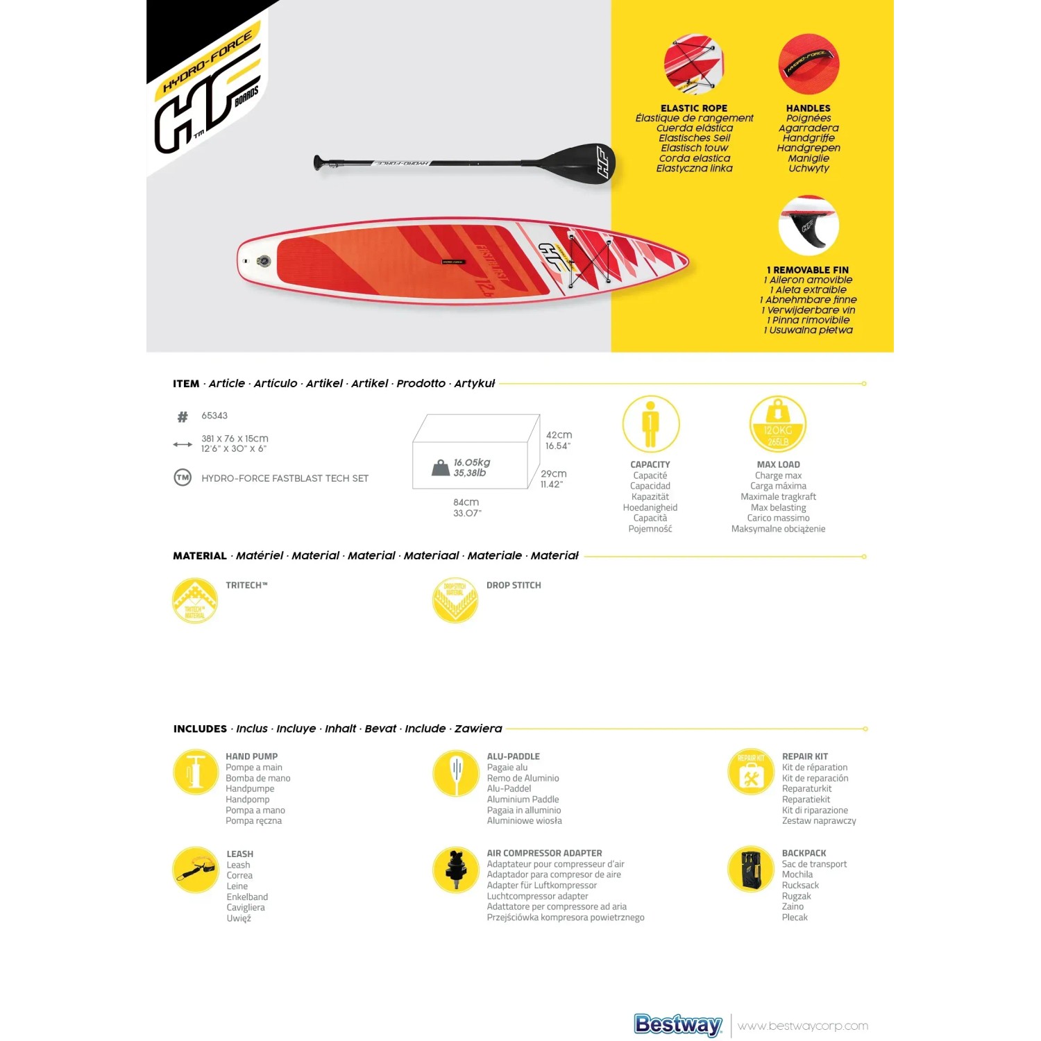 Bestway Hydro-Force SUP Board-Set Fastblast Tech, 381cm, mit Paddel, Pumpe und Rucksack.