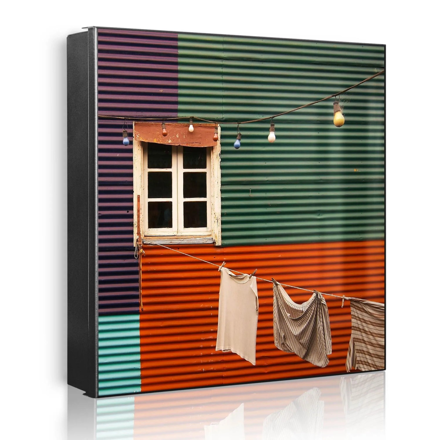 Banjado Großer Schlüsselkasten Metall 30x30cm Schwarz Scharnier Links 50 Haken Beschreibbar Magnetisch Motiv Buntes Haus
