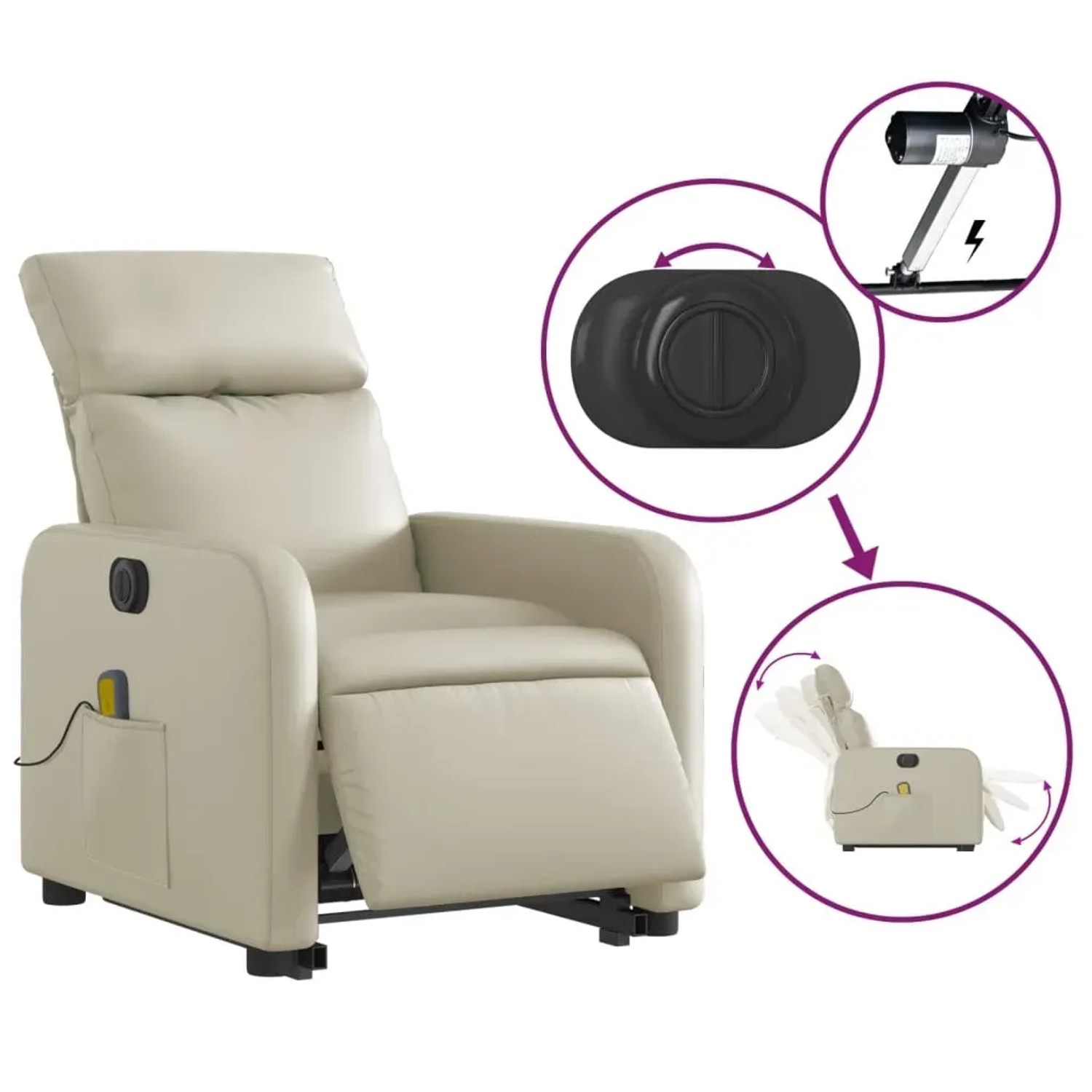 Elektrischer Massagesessel mit Aufstehhilfe in Creme Kunstleder, Relaxsessel mit Massagefunktion.