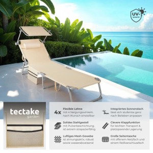 Beige Tectake Sonnenliege Chloé mit Sonnendach, klappbar und verstellbar, für Garten und Camping.