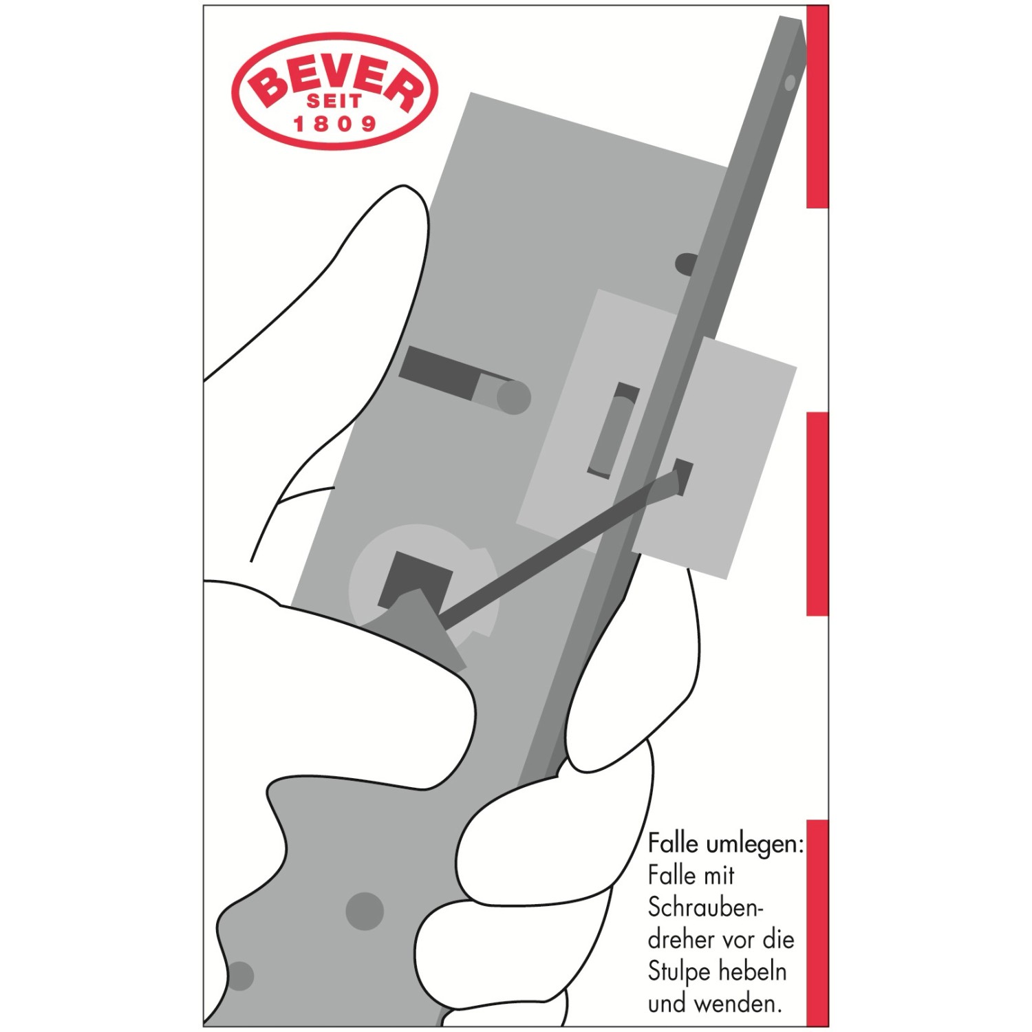 Illustration eines Rohrrahmenschlosses mit Dornmaß 30mm, abschließbare Falle, Edelstahl, Montageanleitung.