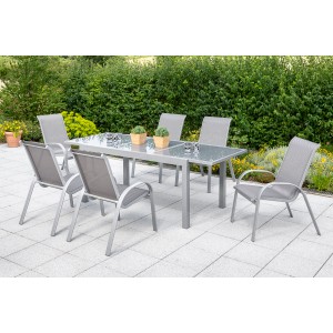 Merxx Amalfi Gartenmöbel-Set mit Ausziehtisch und 6 Stapelsesseln aus Aluminium und Textil.