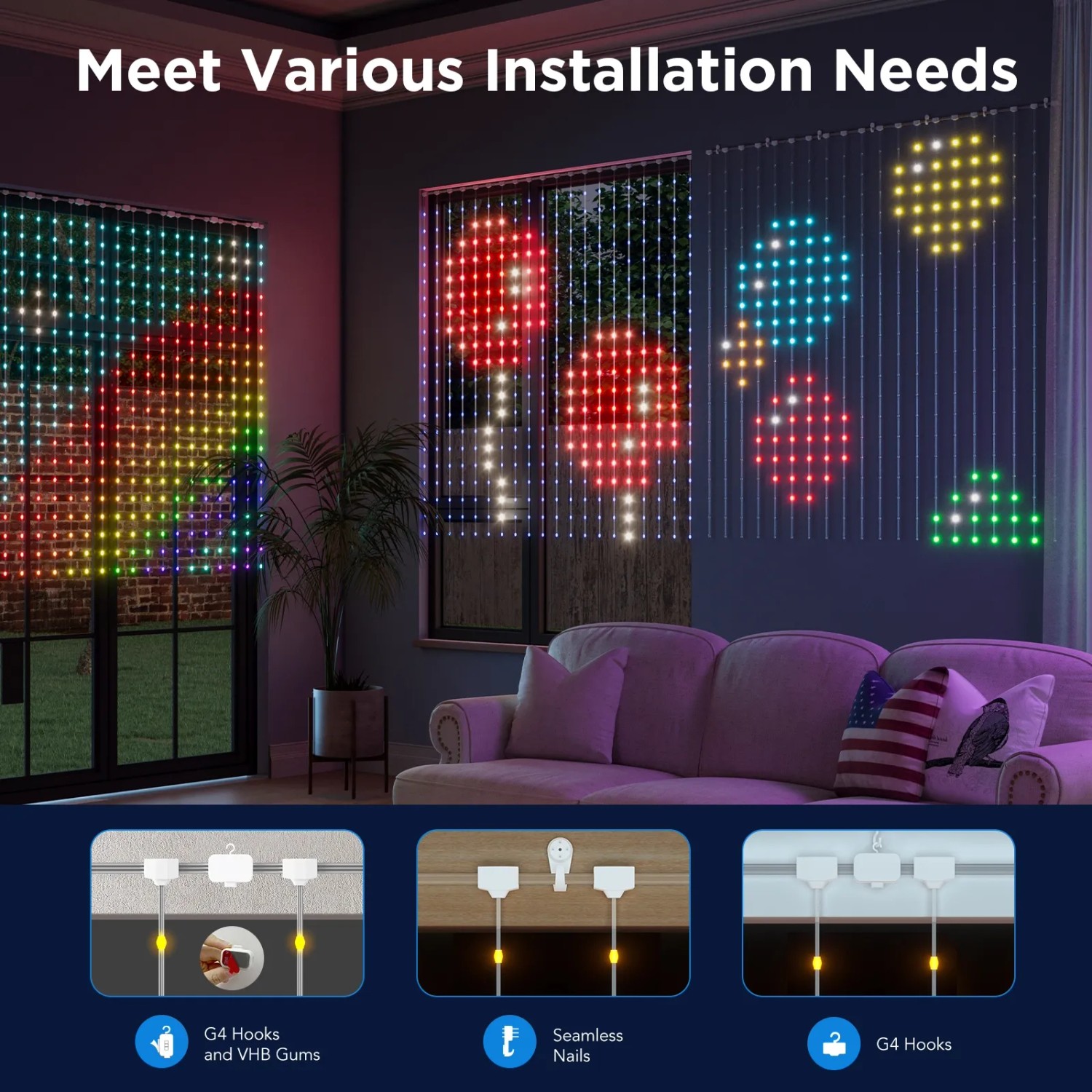 Govee X Netflix Gardinenleuchte H70BC: LED-Vorhang mit bunten Mustern im Wohnzimmer.