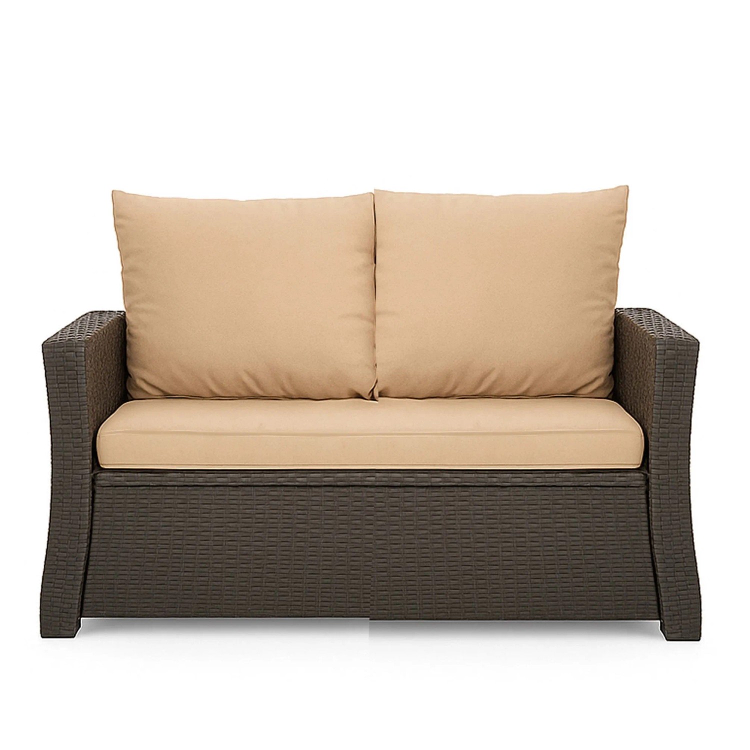 Beiges Gartenkissen-Set für 2-Sitzer Polyrattan Gartensofa. Komfortable Sitz- und Rückenkissen auf dunklem Rattanmöbel.