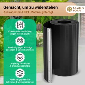 Robuste schwarze Bambus Rhizomsperre aus HDPE mit Verschlussschiene. Begrenzt Wurzelwachstum, riss- & frostsicher, beständig gegen Pilze.