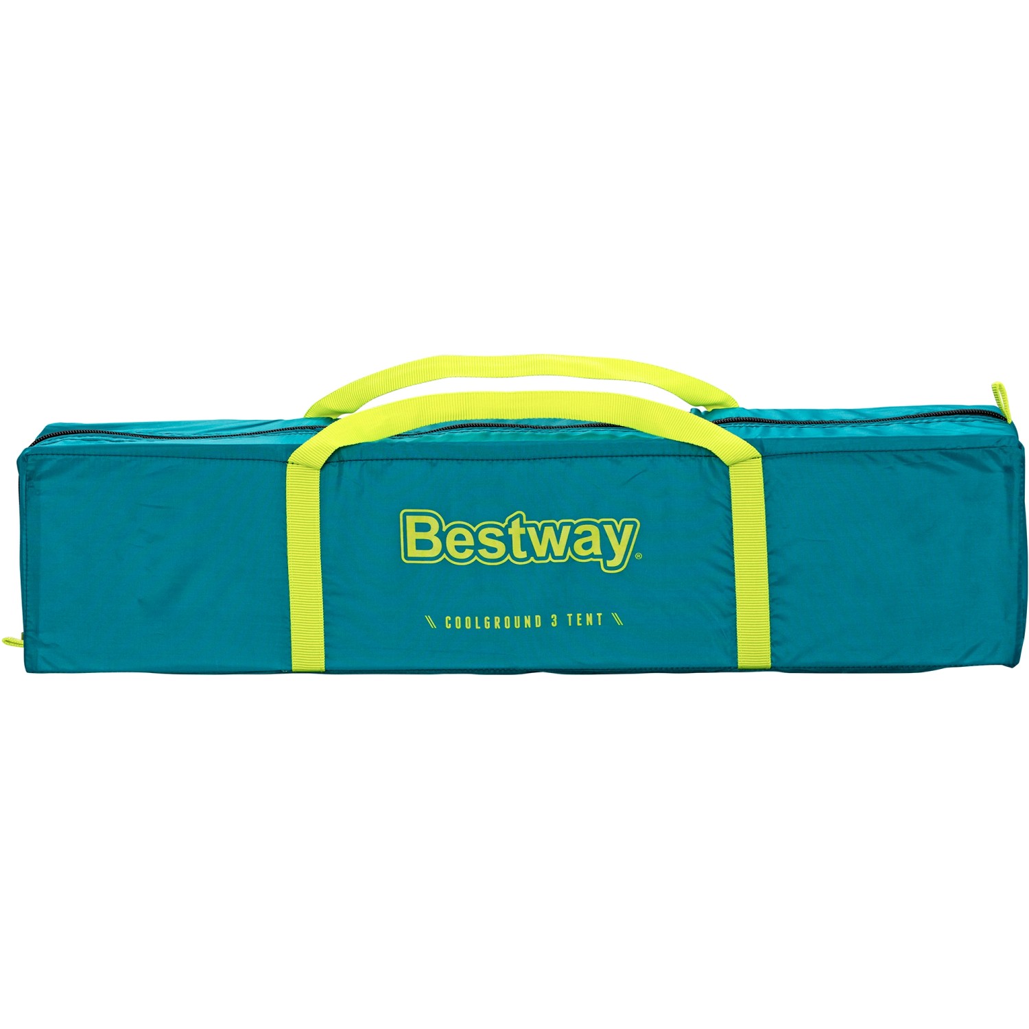 Bestway Cool Ground 3 Personenzelt in Tragetasche, türkis mit gelben Trägern.