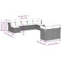 Braune 9-teilige Garten-Sofagarnitur aus Rattan mit Kissen und Maßangaben.