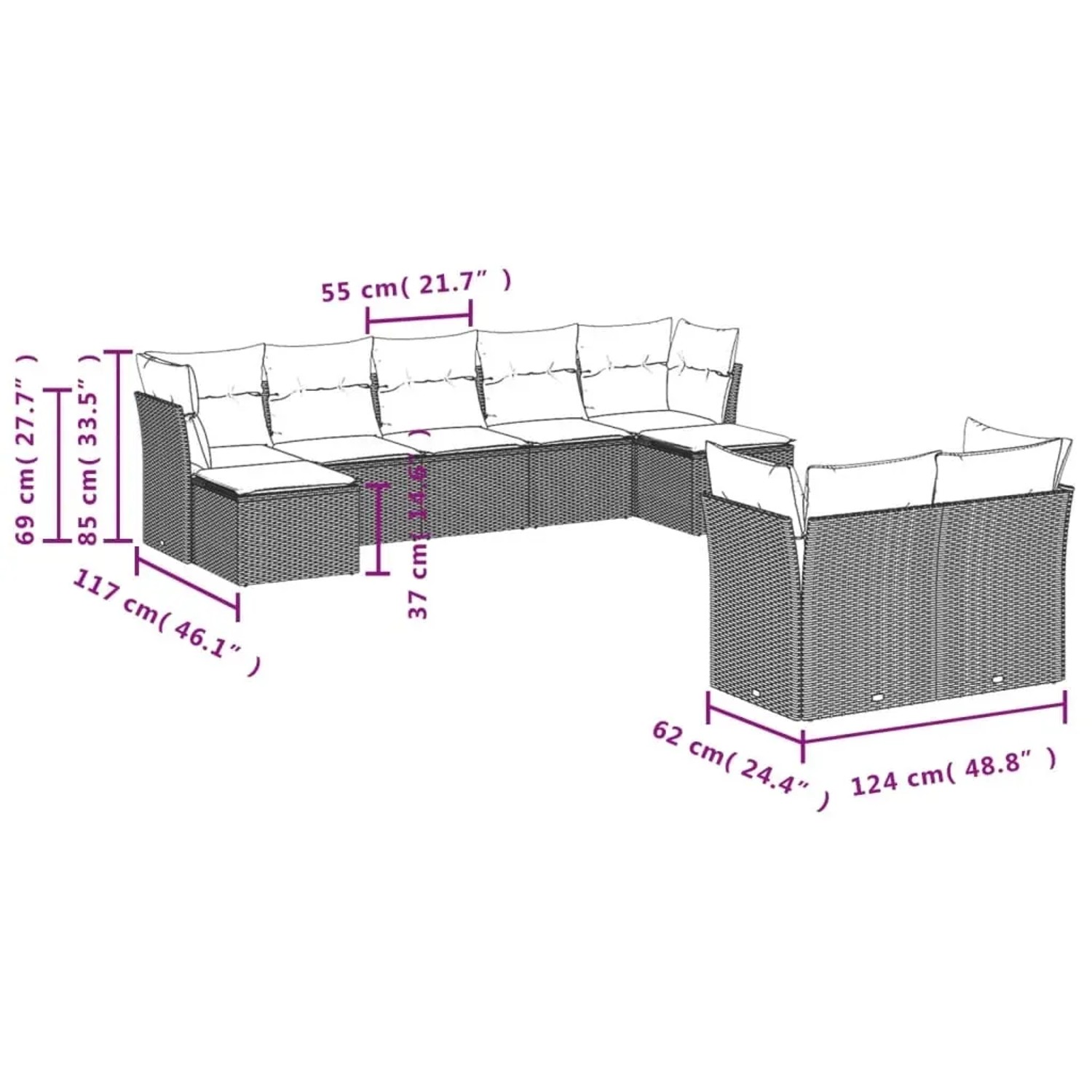 Braune 9-teilige Garten-Sofagarnitur aus Rattan mit Kissen und Maßangaben.