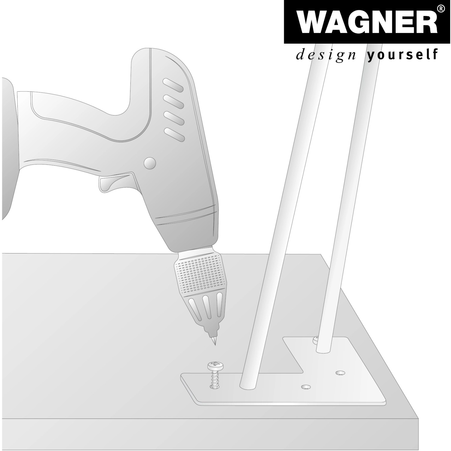 Montage eines grauen Wagner Hairpin Möbelbeins mit Schraube und Akkuschrauber.