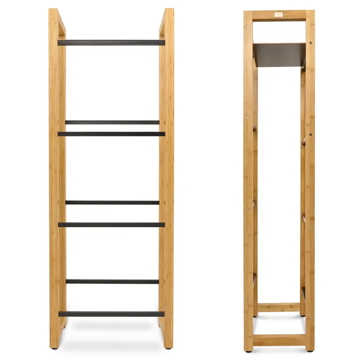 Holzfarbenes Getränkekistenregal mit schwarzer Ablage aus Edelstahl für 4 Kisten.