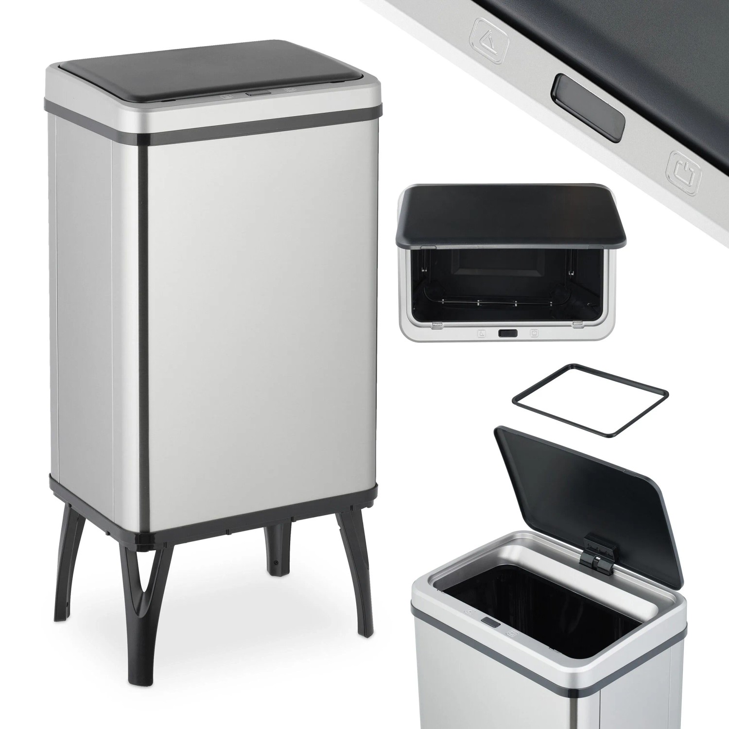 Relaxdays Mülleimer Edelstahl Silber Schwarz Sensor Automatisch 40 L 71,5 cm x 36 cm x 26 cm 3,1 kg